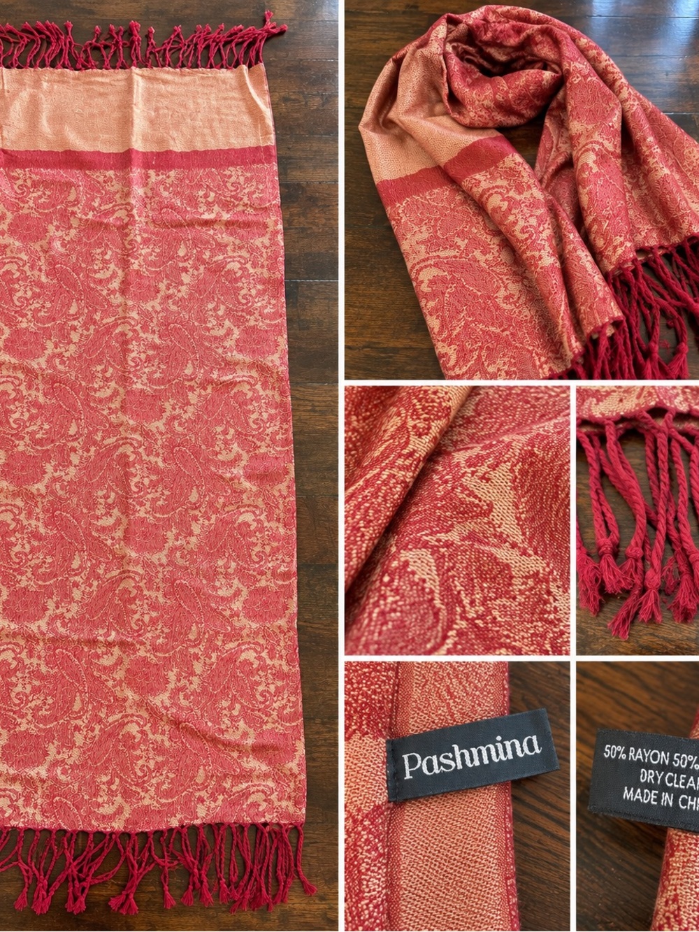 Pashmina Red Gold Paisley Scarf Wrap Shawl Fringe 50% Rayon 50% Acrylic
